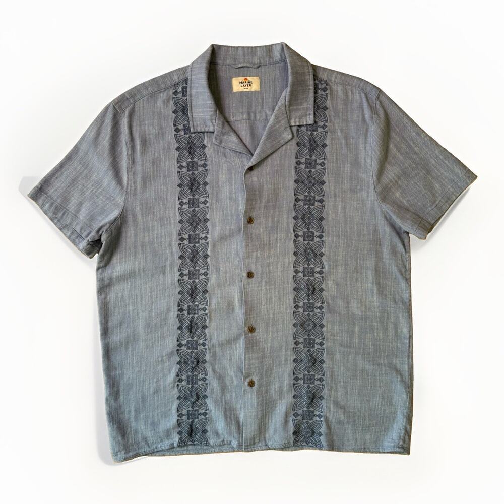 Marine Layer Stretch Selvage Shirt Large Blue Hawaiian Vacation Surfing